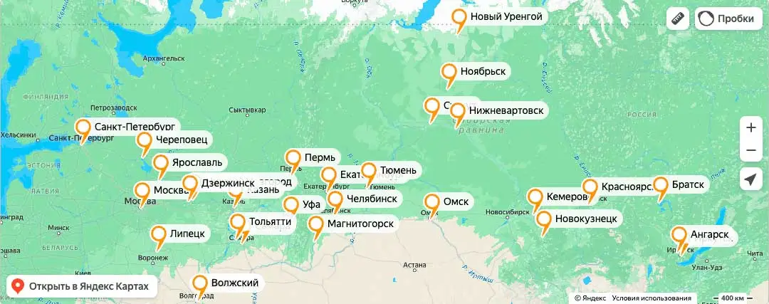 Карта доставки газоанализаторов по России: Москва, Санкт-Петербург, Казань, Екатеринбург, Новосибирск и Владивосток